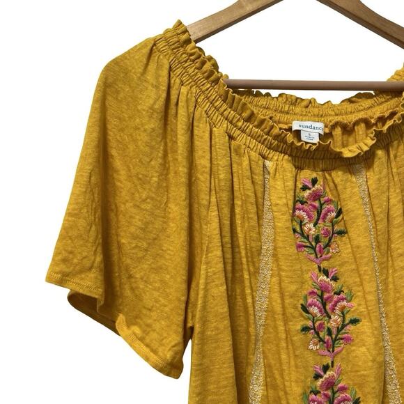 Sundance Linen Embroidered Dancing Garden Top Size S Yellow Off the Shoulder - Picture 4 of 6